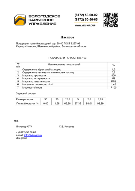 Паспорт качества: Гравий 20–40 мм — Низкое