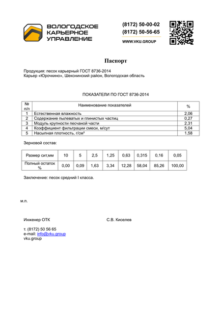 Паспорт качества: Песок — Юрочкино